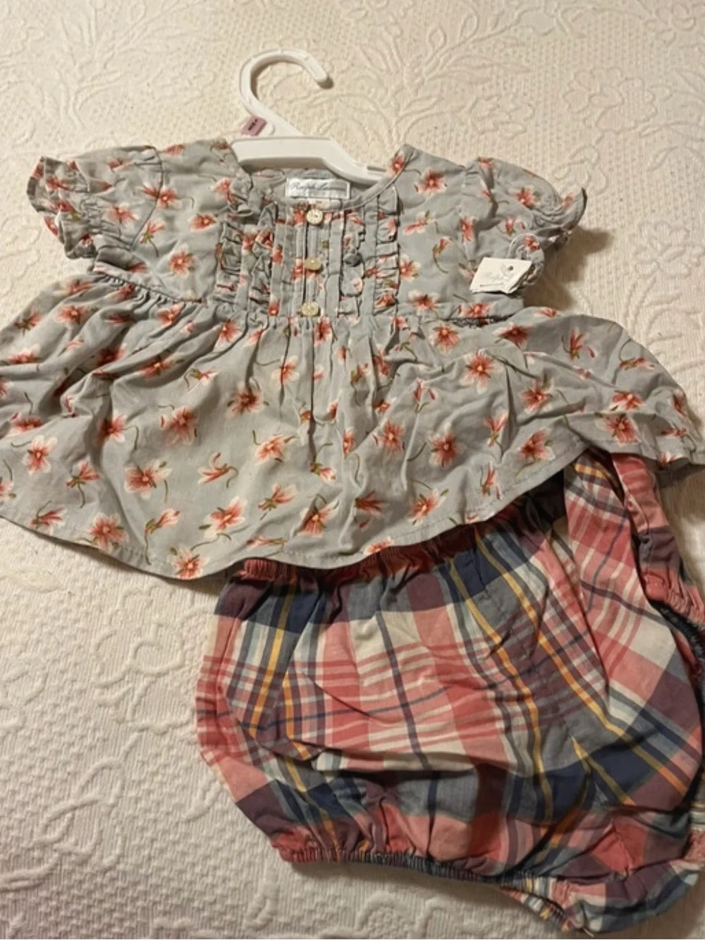 Ralph Lauren Floral Ruffle Top with Plaid Bloomers - Light Gray, Pink & Blue